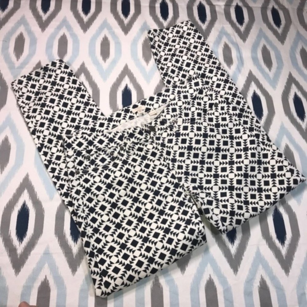 J.Crew Factory Blue & White Geometric Printed Twill Skinny Jeans